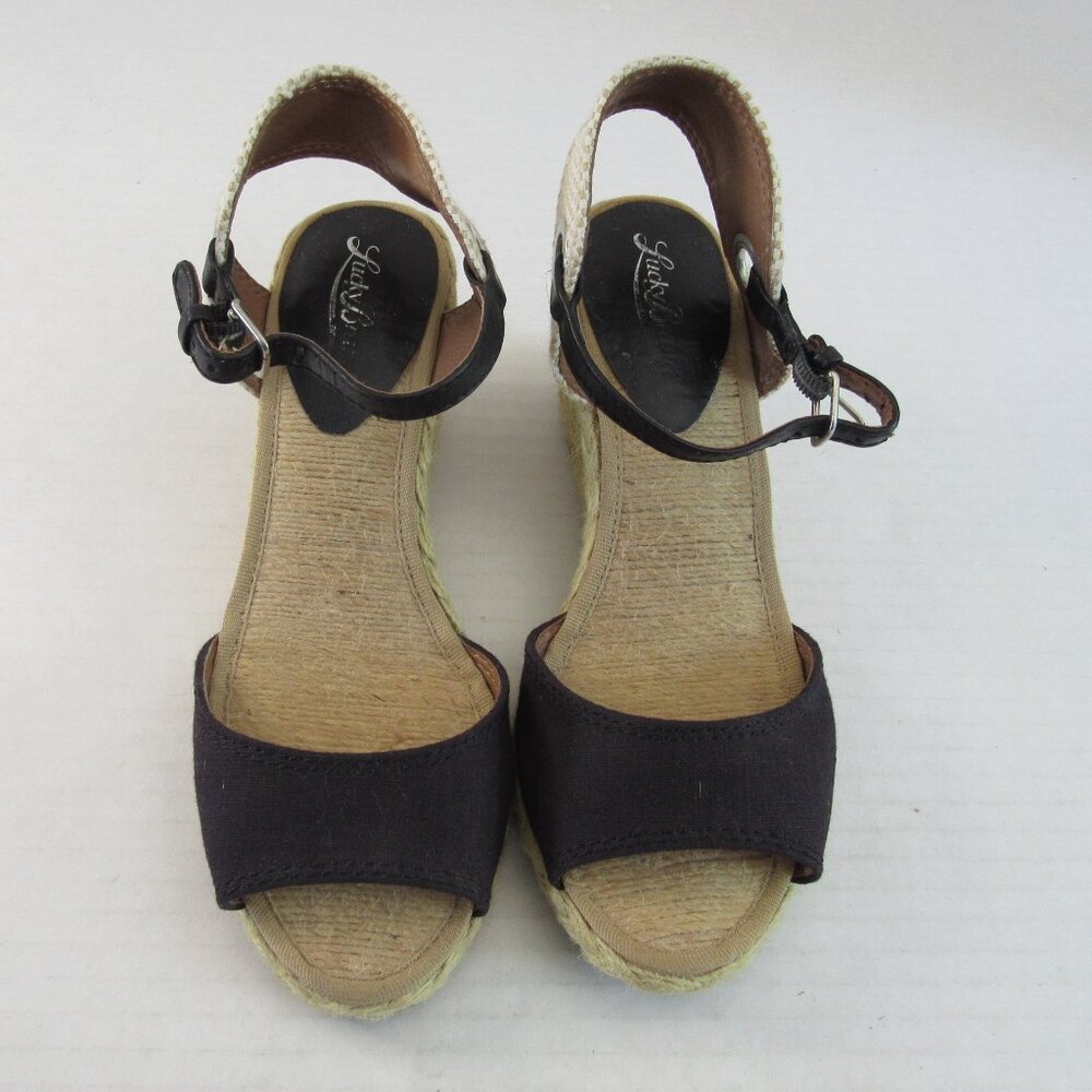 Lucky Brand Espadrille Wedge Sandals Black Tan & White Size 6M
